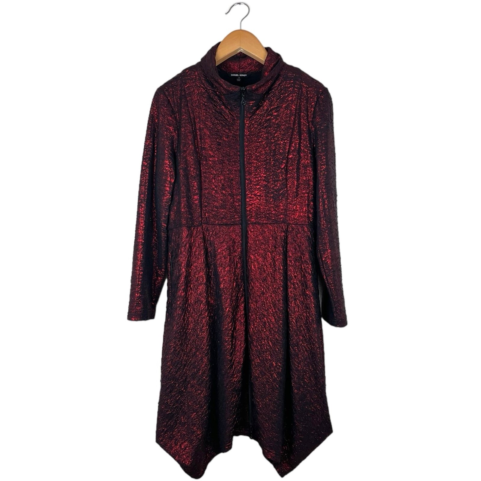 Samuel Dong Women’s Size Medium Coat Dress Red & Black Metallic Asymmetrical Hem