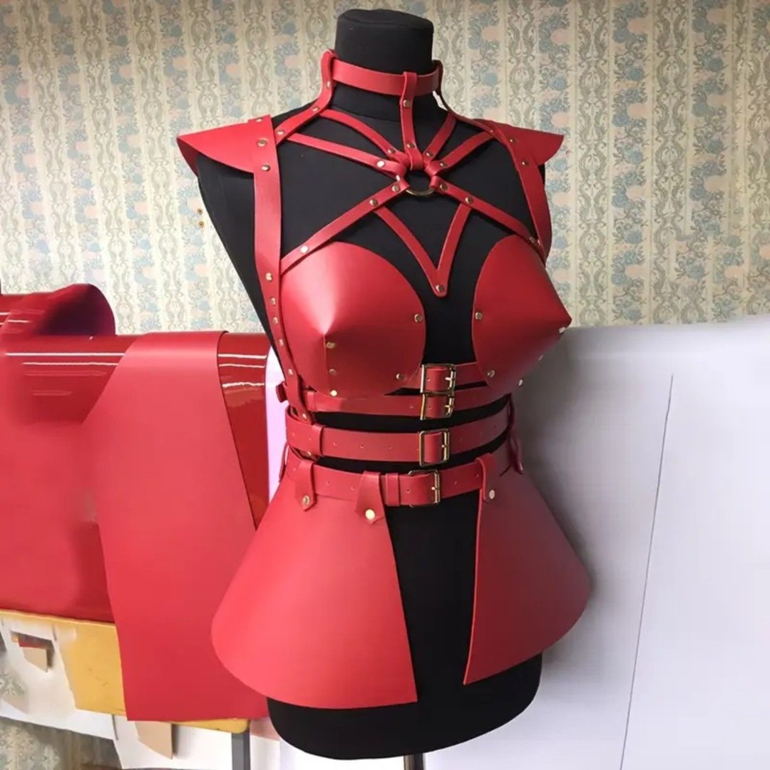 Sexy Samurai Warrior Red Faux Leather Armor Corset Harness Cosplay Set, ONE SIZE