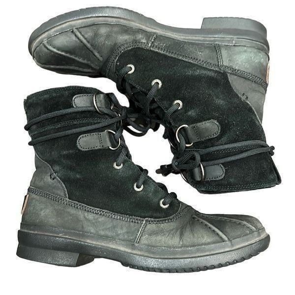 UGG AUSTRALIA Azaria Black Waterproof Suede Leather Rubber Sheepskin Winter Ankl