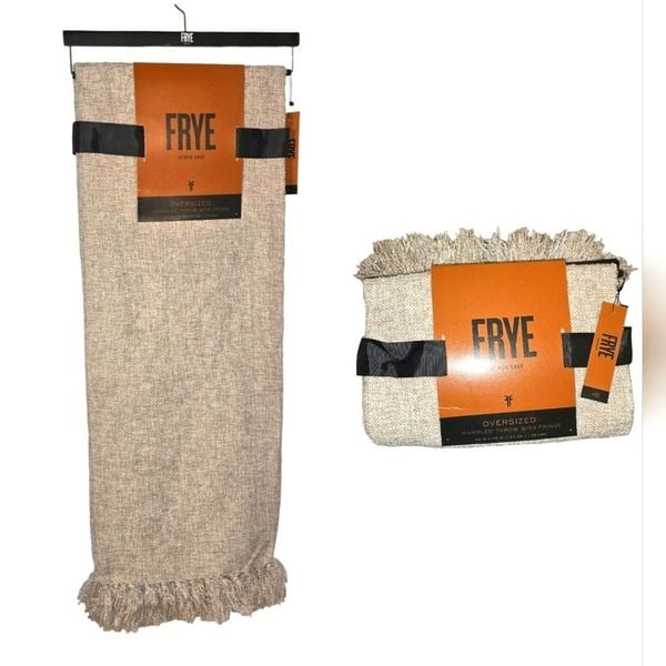 FRYE Oversized Chenille Fringe 50 x 70” Throw Blanket Tan Wheat NEW