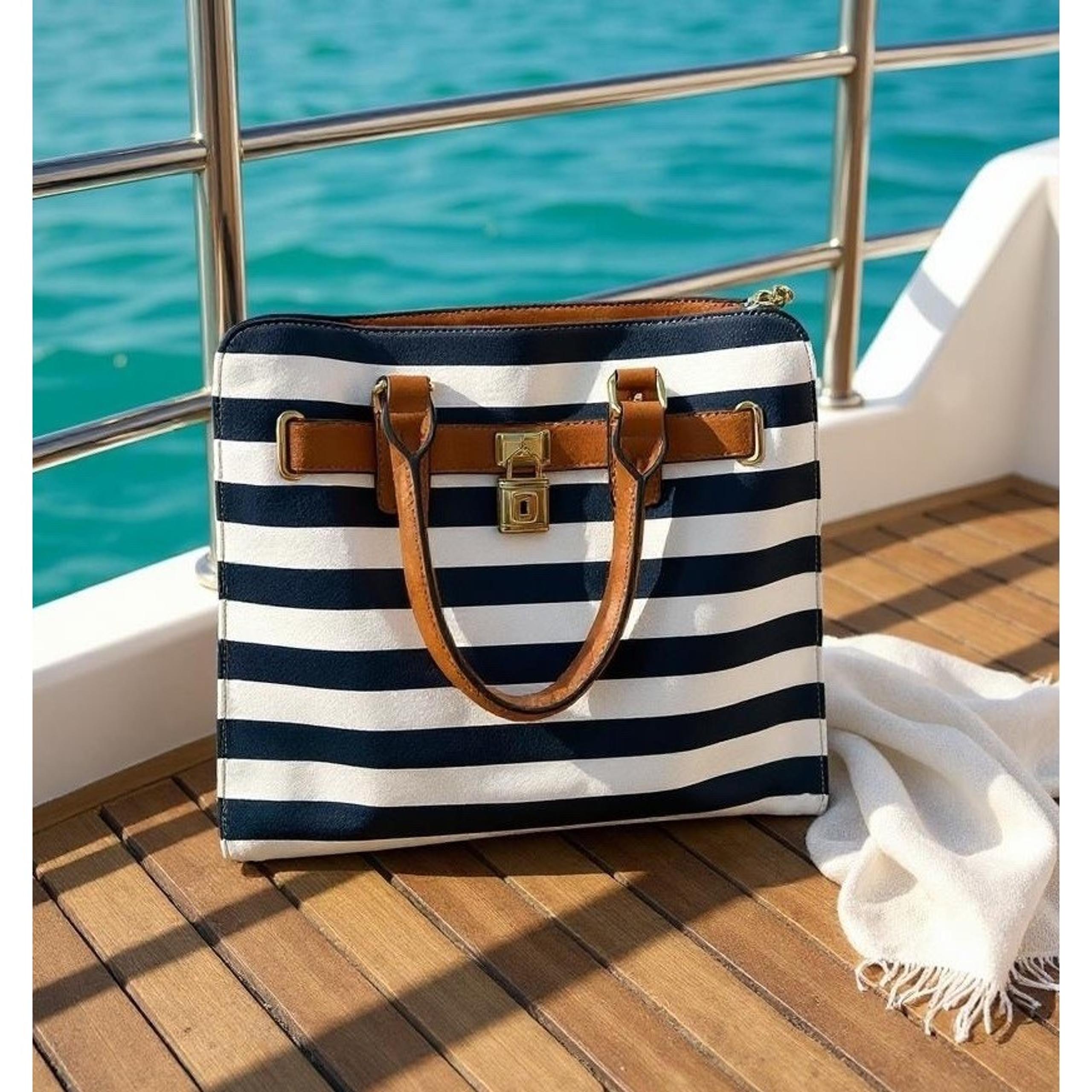 George Satchel Handbag Shoulder Bag Nautical Navy White Striped Faux Leather