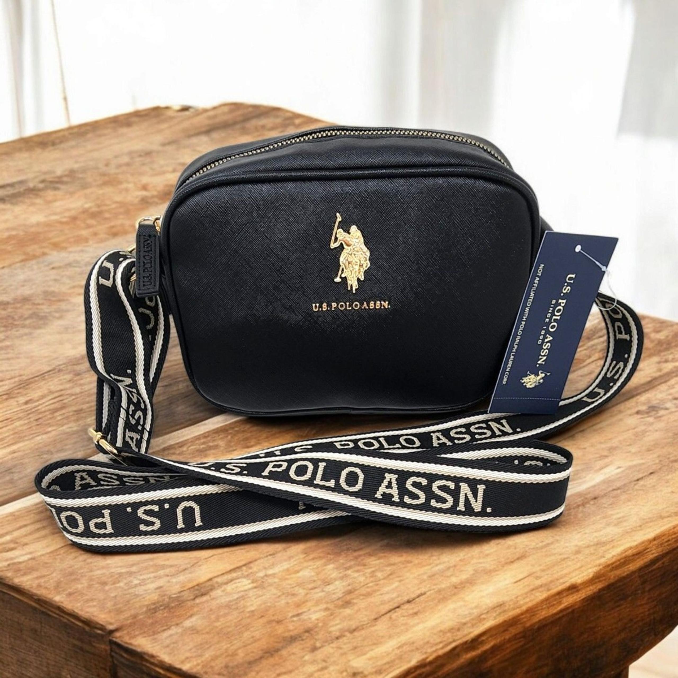 U.S. Polo Assn Black Crossbody Bag Saffiano Faux Leather Red Fabric Lined