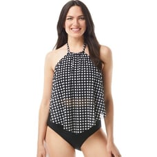 COCO REEF Riviera Dot Aura Mesh Ruffle Crop Tankini Swimsuit Bikini Black 34DD