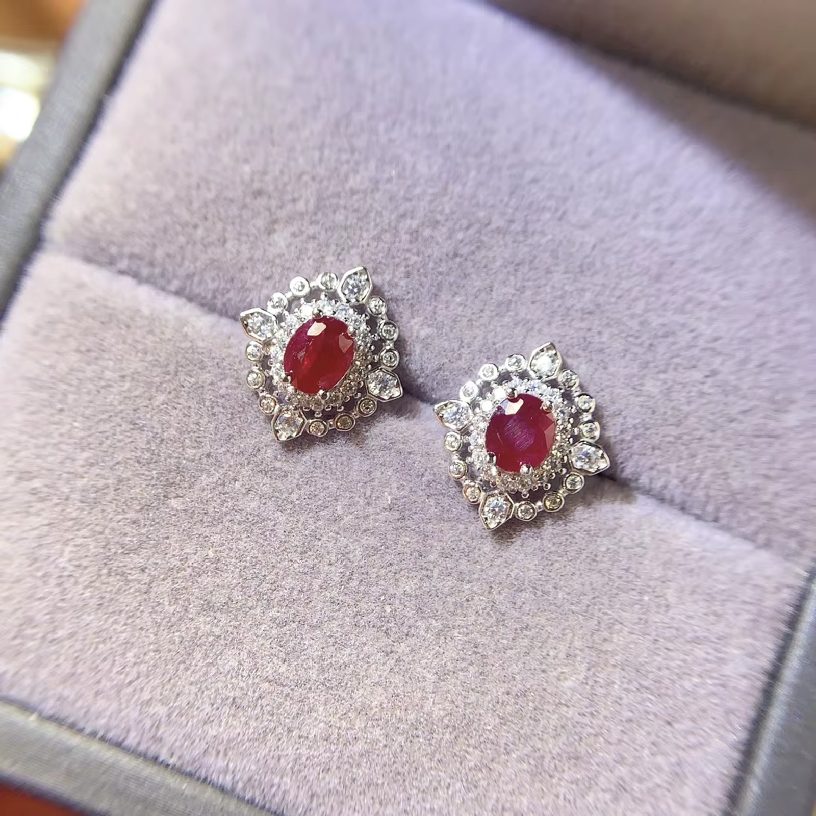 Natural Red Ruby 4x5mm & CZ Stud Earrings Sterling Silver 925 Gold Plated