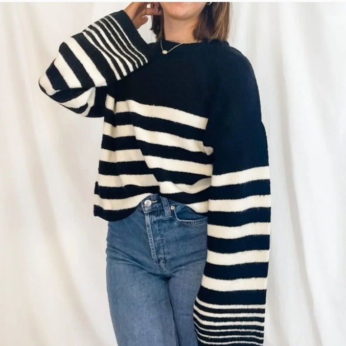 ZSupply Black White Striped Fuzzy Cropped Sweater Bell Sleeve Women's M