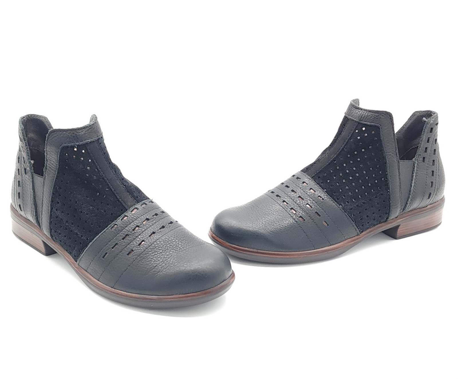 NAOT Rivotra Leather & Suede Perforated Slip On Ankle Bootie Black Size 5 EU 36