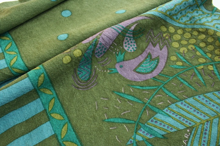 Large Nalini fine wool fairytale forest scarf shawl 1990s birds turquoise olive