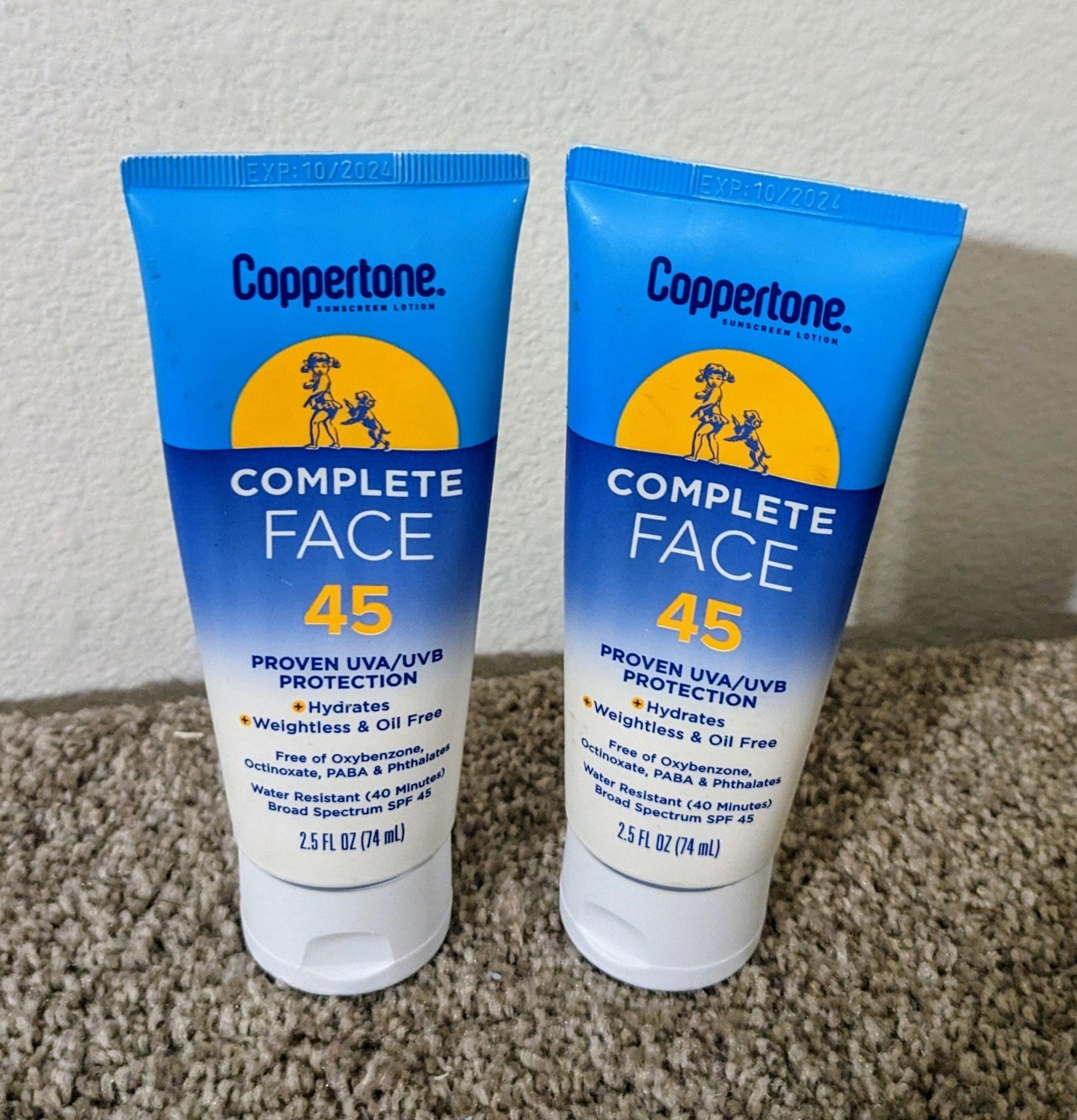 2 Coppertone Complete Face SPF 45 Sunscreen Lotion 2.5 OZ Ea EXP 10/24