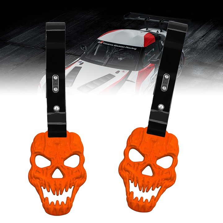 NEW 2PCS SKULL HEAD ORANGE JDM TSURIKAWA RING Black Handle Strap Drift Charm