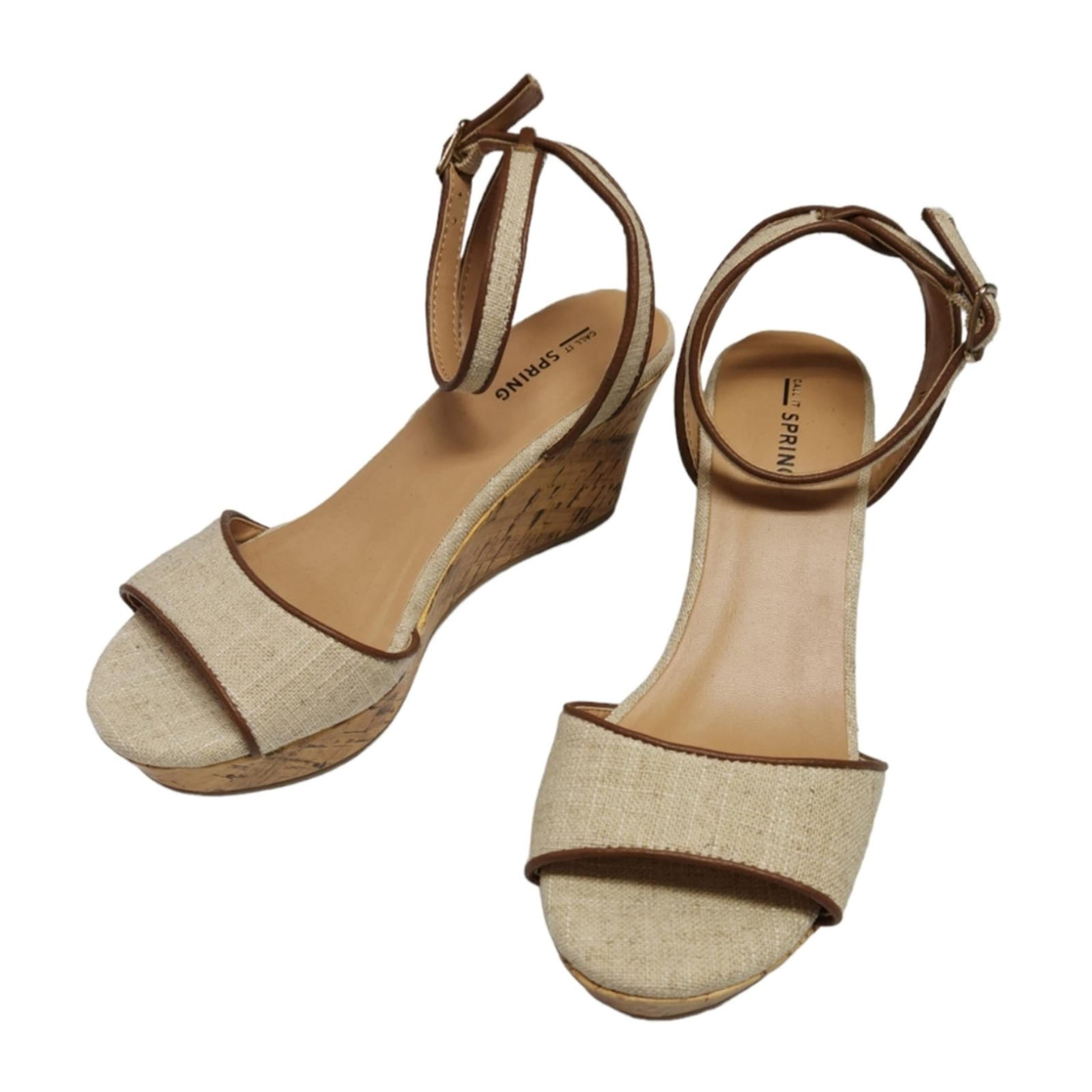 Call it Spring Nissana Neutral Tan Open Toe Canvas Wedges Size 8 Women's