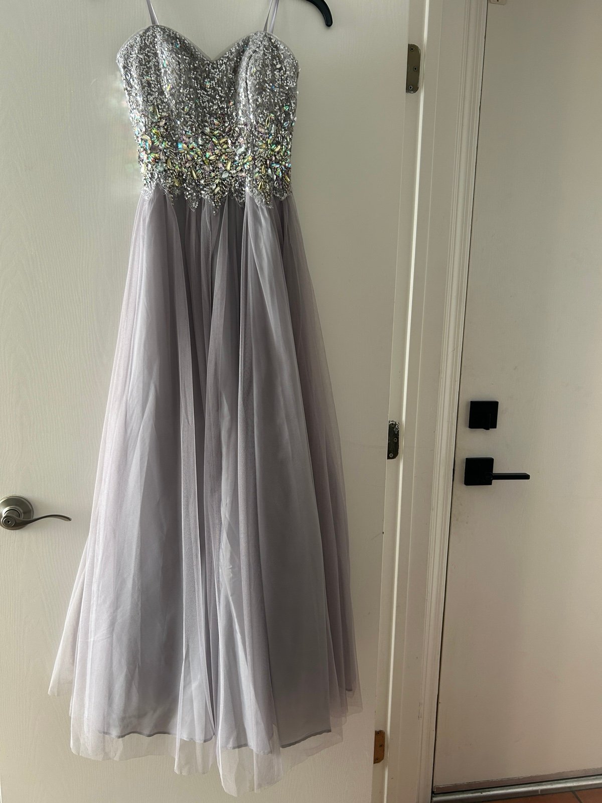 Strapless prom dress with sequins and corset back
