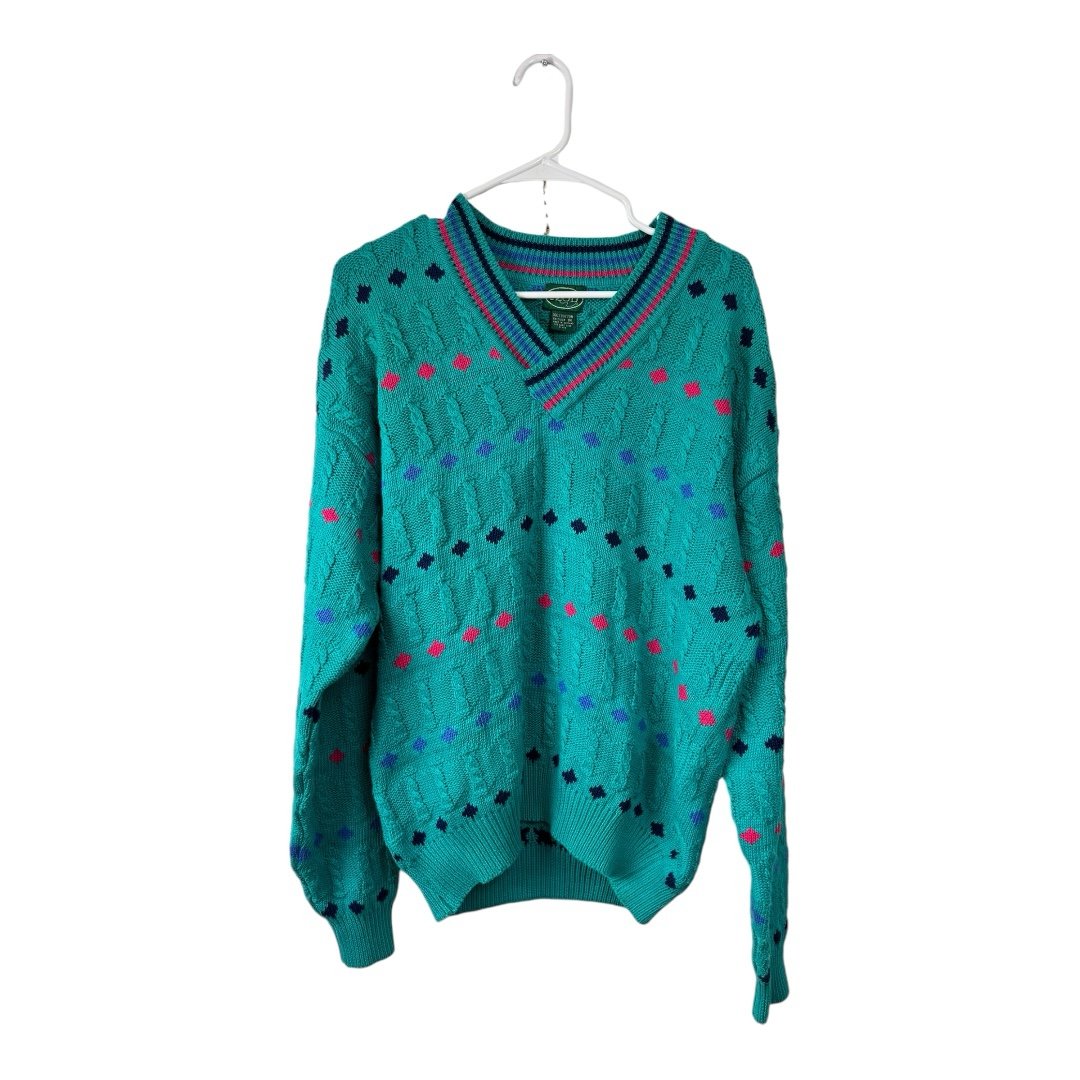Vintage 80s 90s Izod Size Medium Cable Knit Tennis Sweater Teal Diamond V-Neck