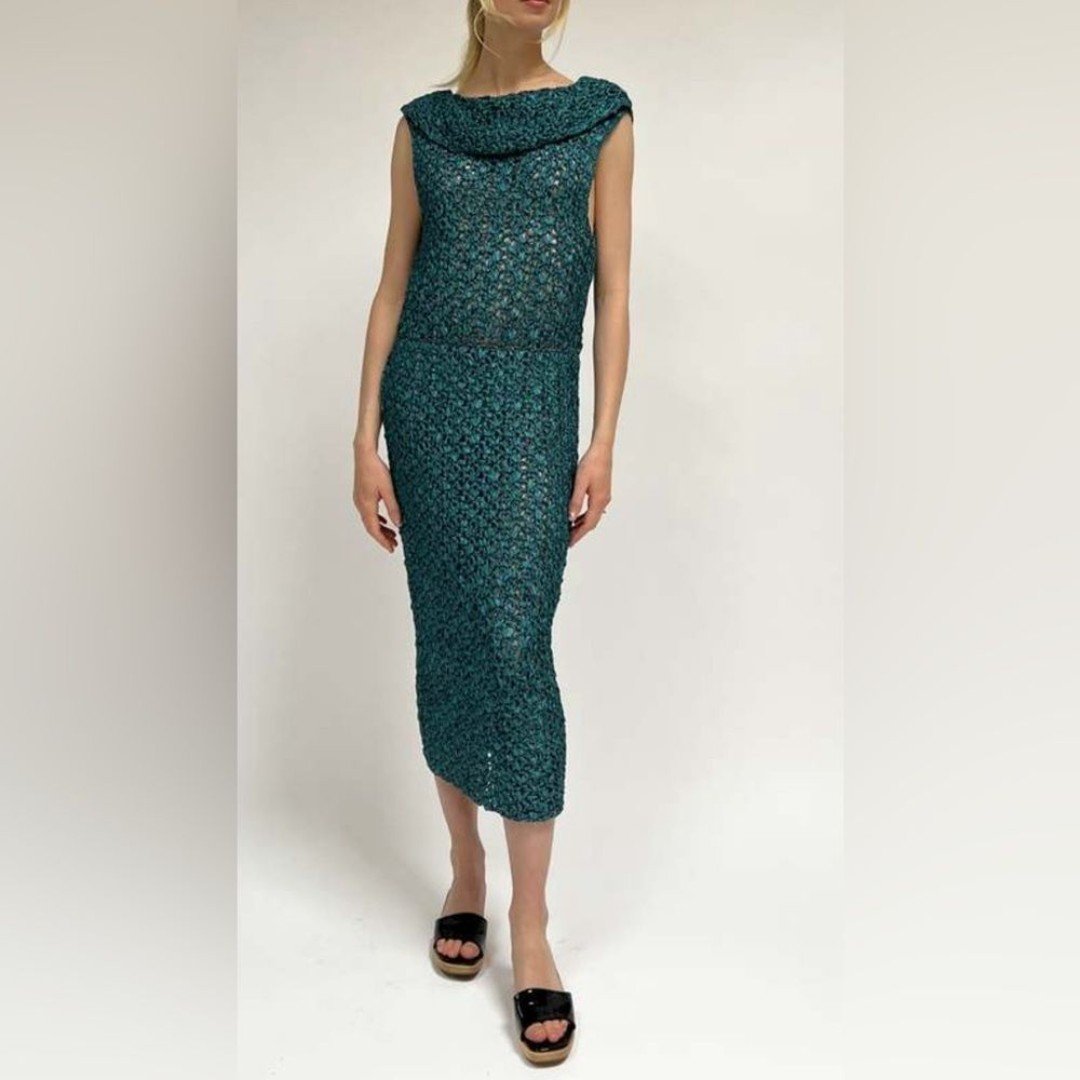 NWOT Authentic Vivienne Tam Woven Blue Crochet Cowl Neck Maxi Dress Size Small