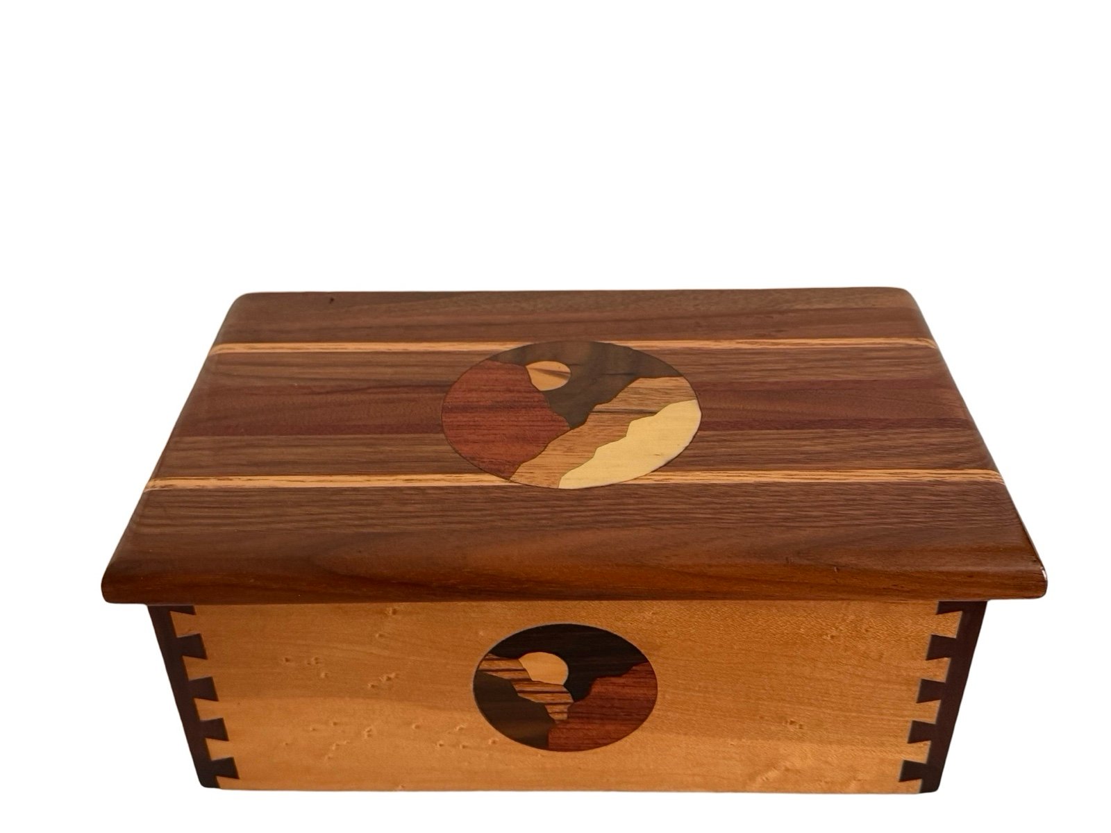 Handmade Wood Inlay Unique Jewelry Box Rare Inlayed Lid Side Dovetail Joint Art