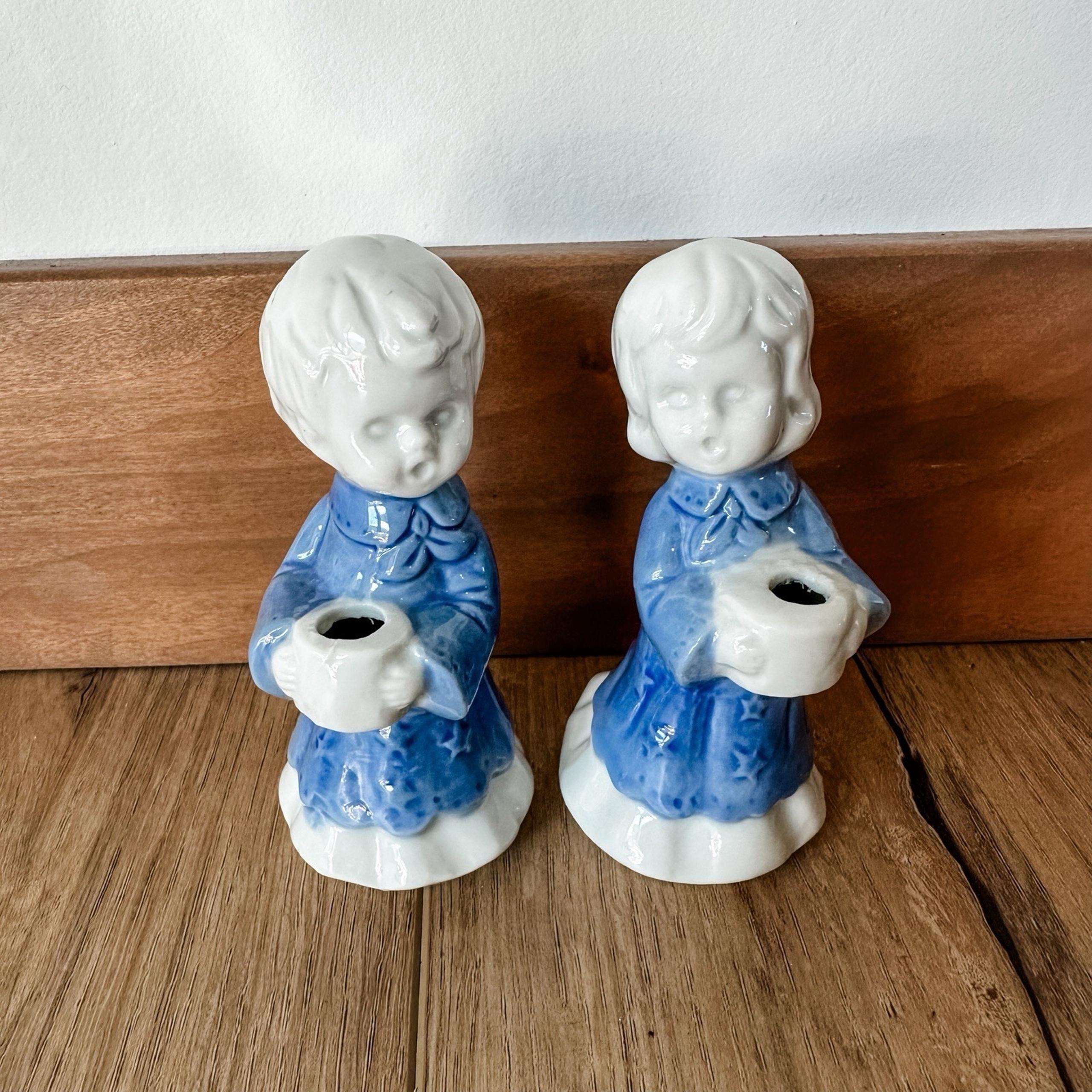Vtg 2 figurines Candle Holders Blue White Porcelain Choir Boy Girl Biedermann