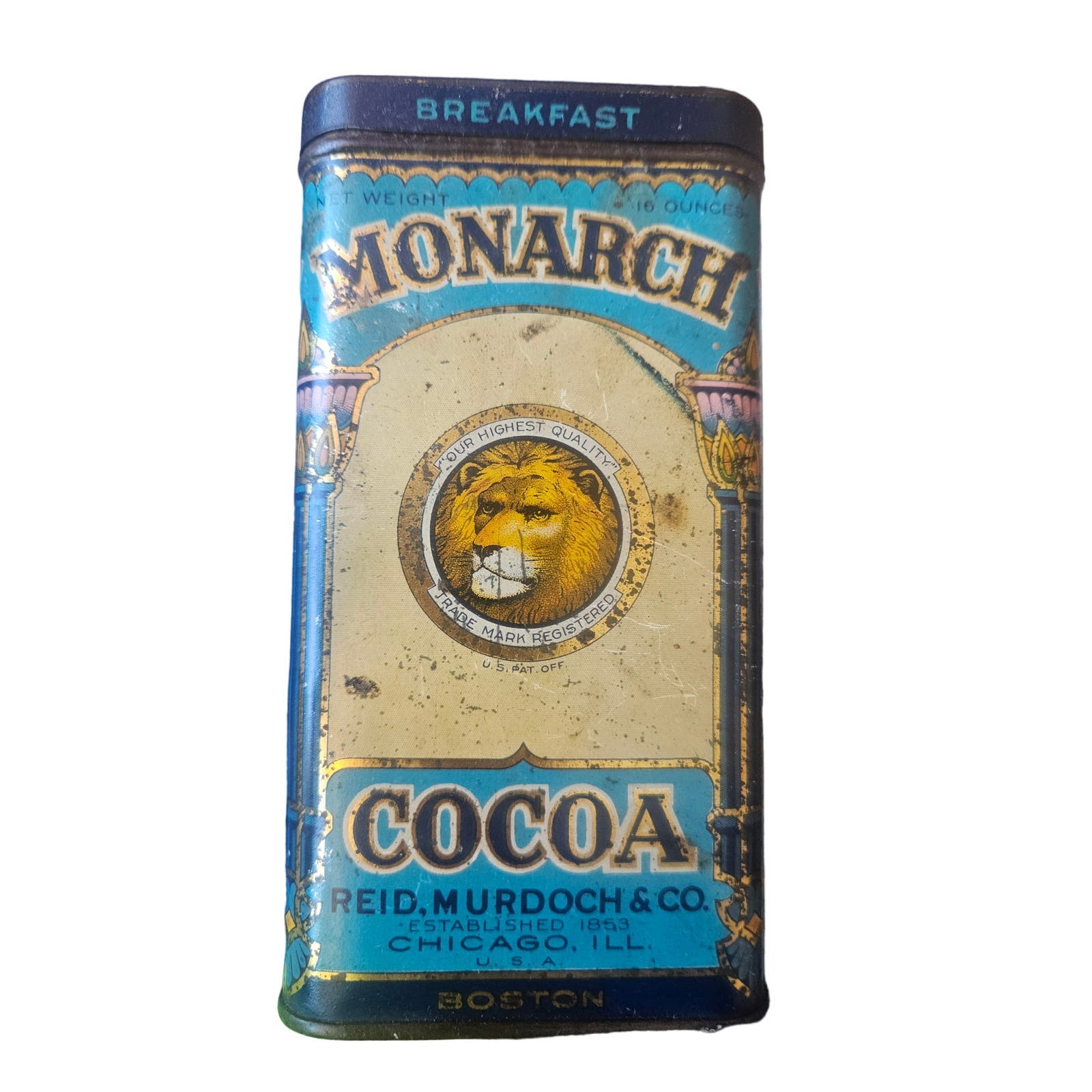 Vintage Monarch Cocoa tin 16 oz tin, reid murdoch & co, great graphics!