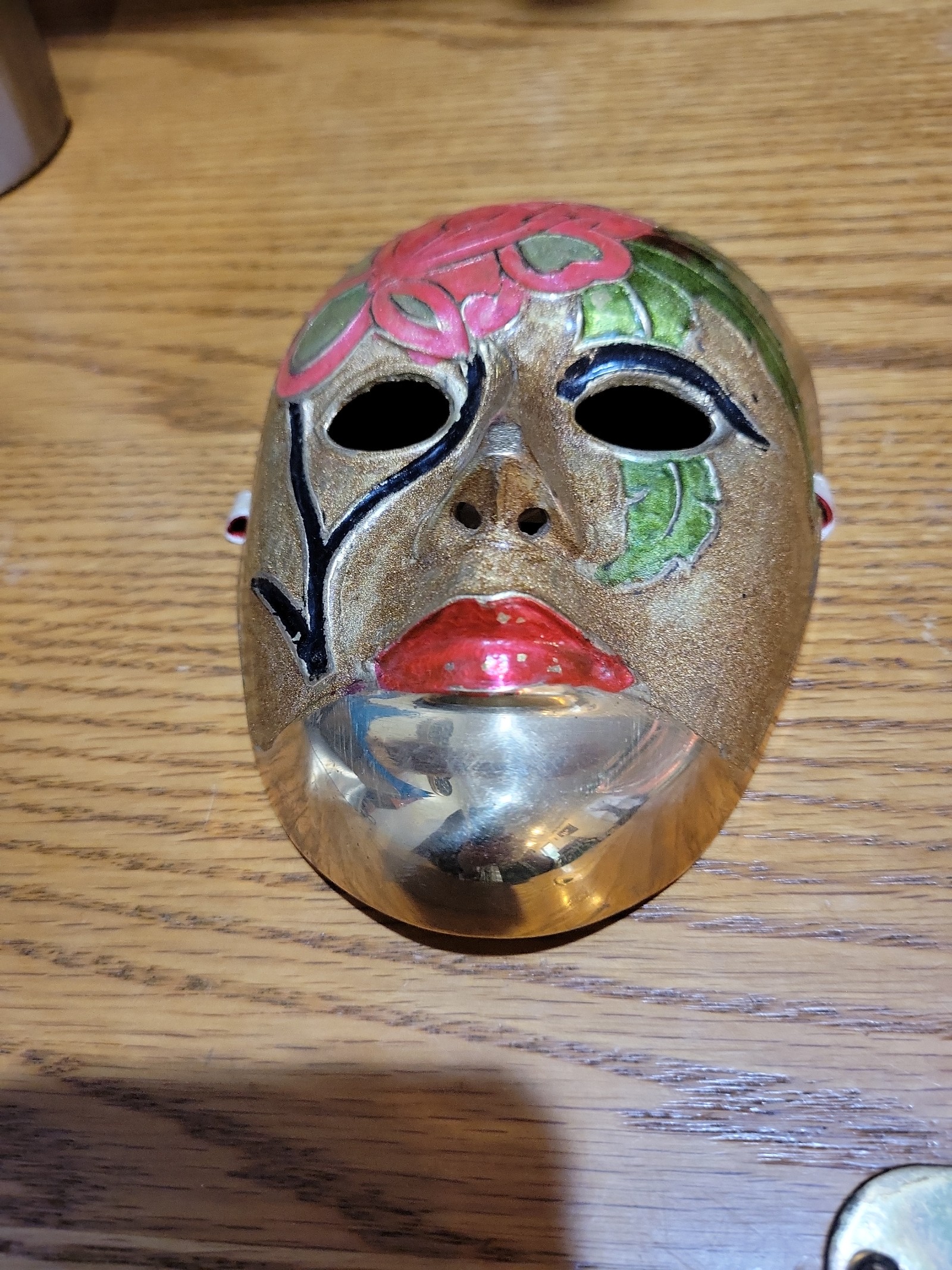 Brass Handpainted Mardi Gras Home Decor Mask. Approx 6 X 4 1/2
