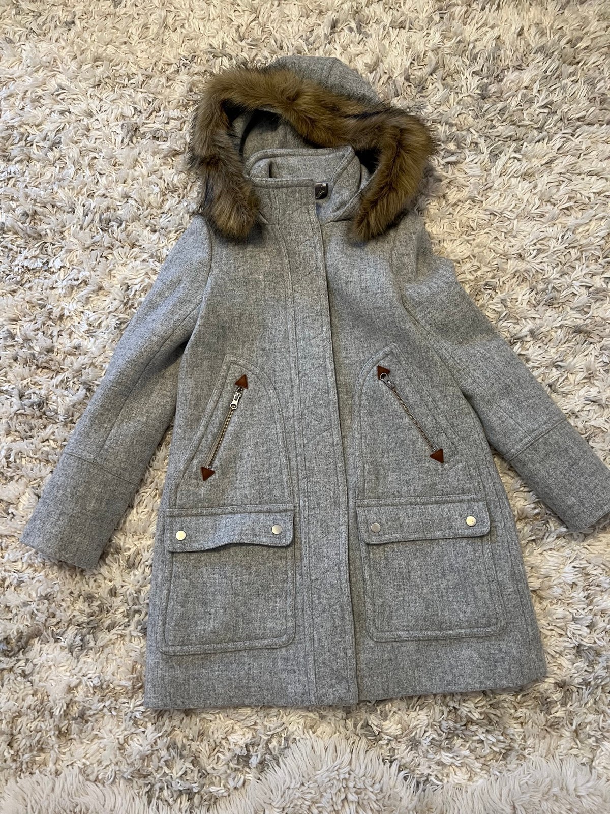 J. Crew Chateau Parka Italian Wool Stadium Cloth Coat Fur Hood Size 00