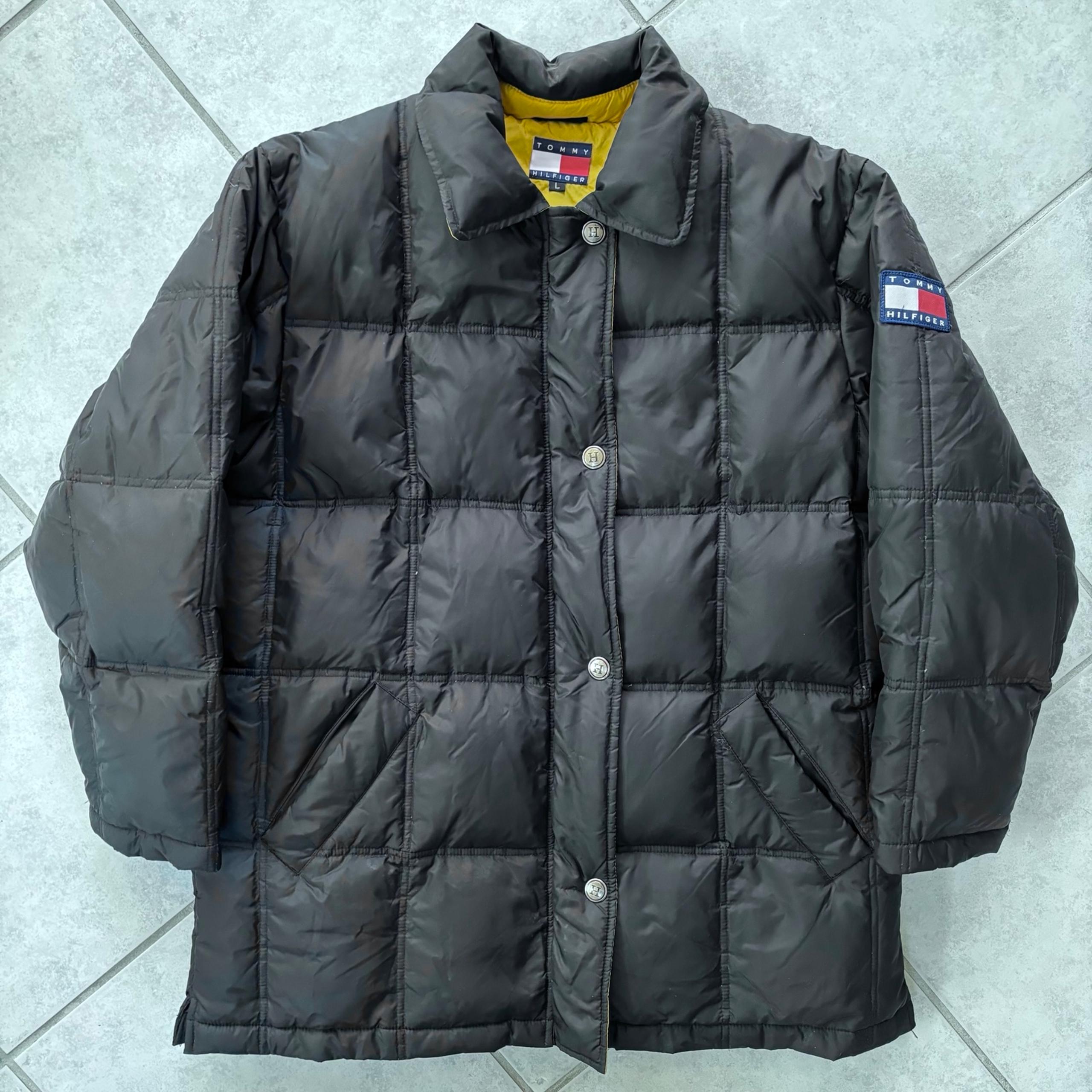 TOMMY HILFIGER Duck Down Jacket Puffer Coat Quilted Snap Vtg Y2K Mens Large