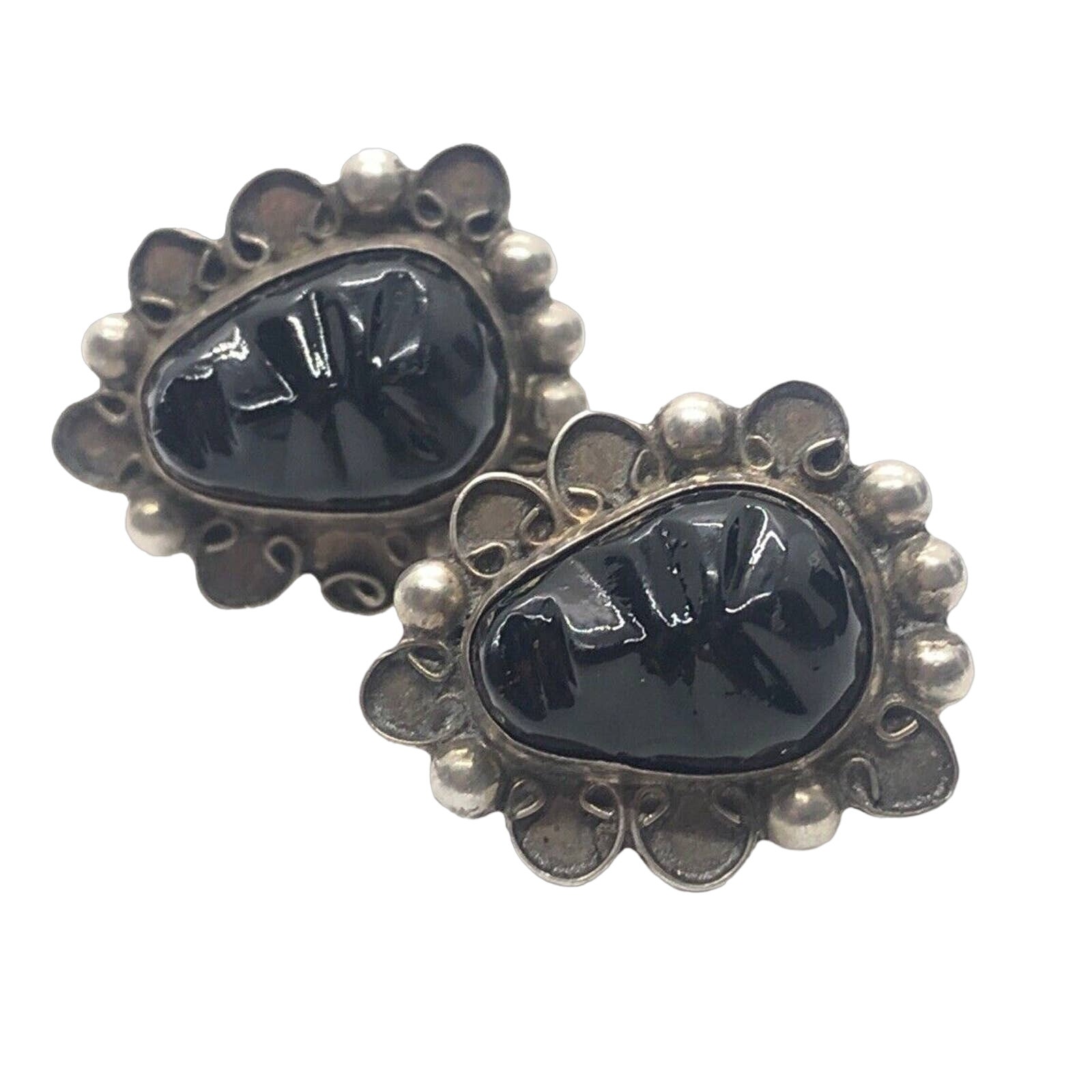 Vintage Sterling Silver Earrings 925 Onyx Carved Face Screw Back Mexico