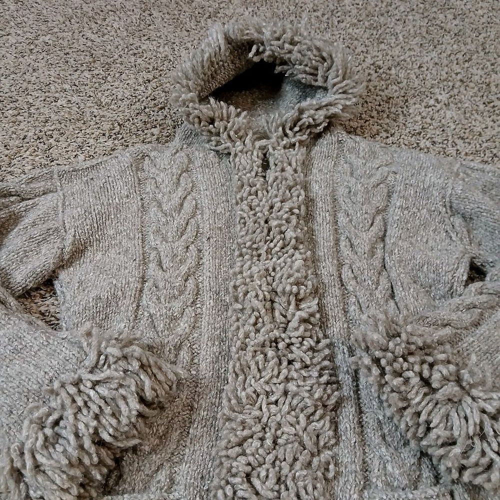 TEJIDOS IMALAYA Ecuador Hand-Knit Wool Blend Full Fringed Cardigan Sweater L/XL