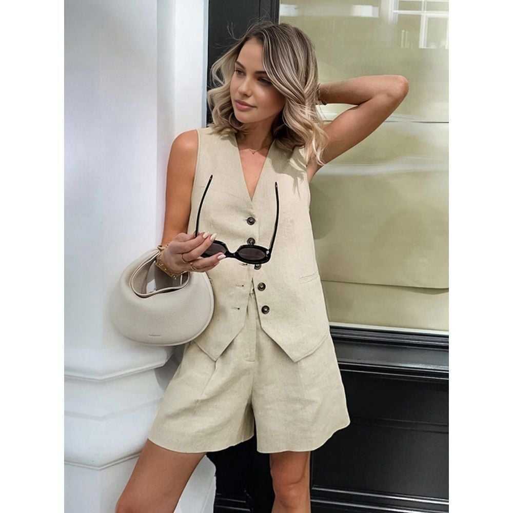 Commense Beige Linen Cotton Vest & Shorts Set Summer Outfit Sleeveless V-Neck M