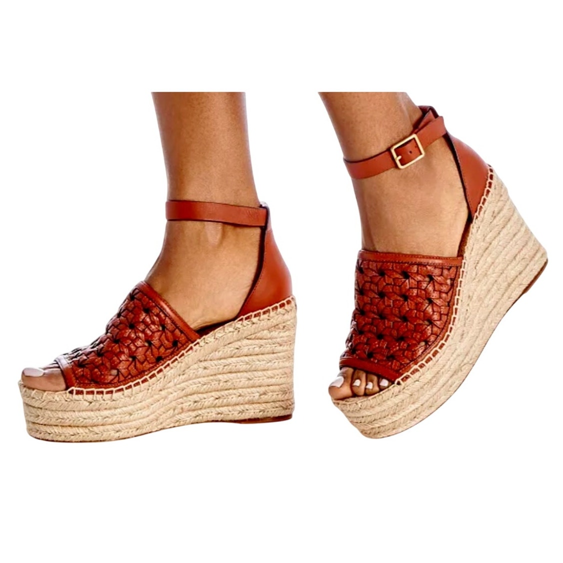 Tory Burch Basketweave Espadrille Sandal Wedge Brick Red Women's Size 6.5 EUC