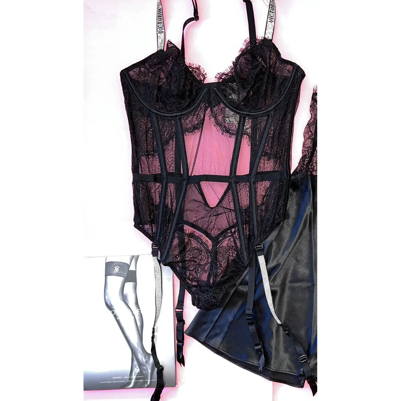 NWT Victoria's Secret unlined XS TEDDY One-piece bodysuit BLACK lace SHINE STRAP