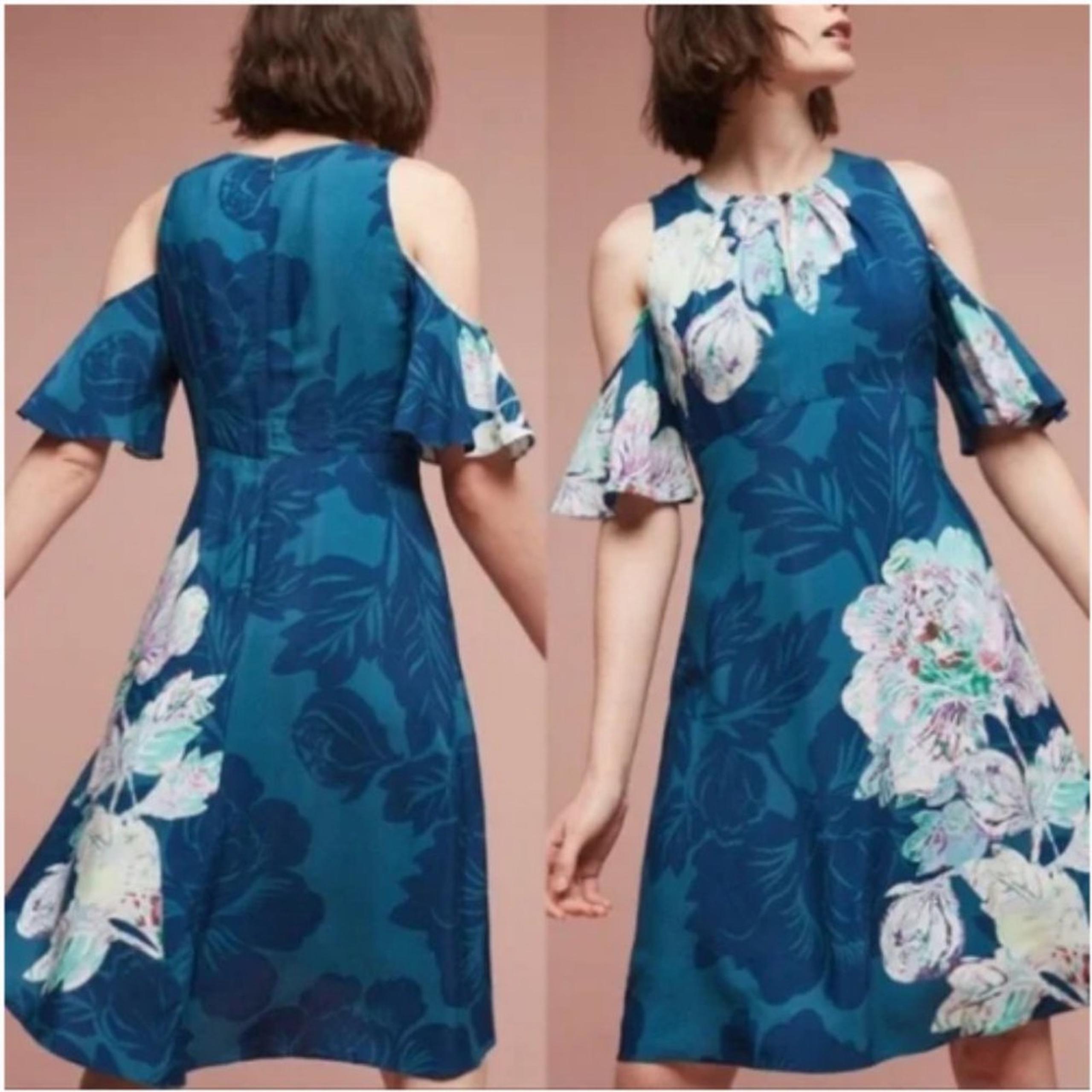 NWT Anthropologie Maeve Ella Turquoise Floral Cold Shoulder Dress Size 6