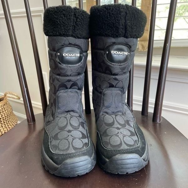 Coach Women’s Sonya Monogram Canvas Suede Trim Winter Boots Black 10
