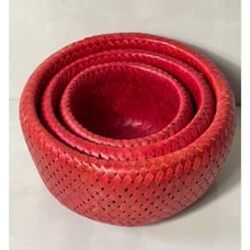 Lot of 3 Handcrafted Round Cane Natural Bamboo Basket Red