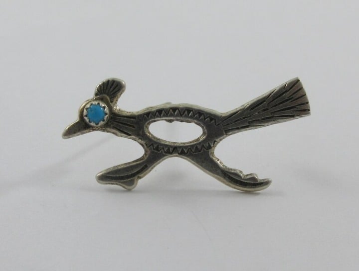 Native American Sterling Silver Turquoise Bird Roadrunner Brooch Pin