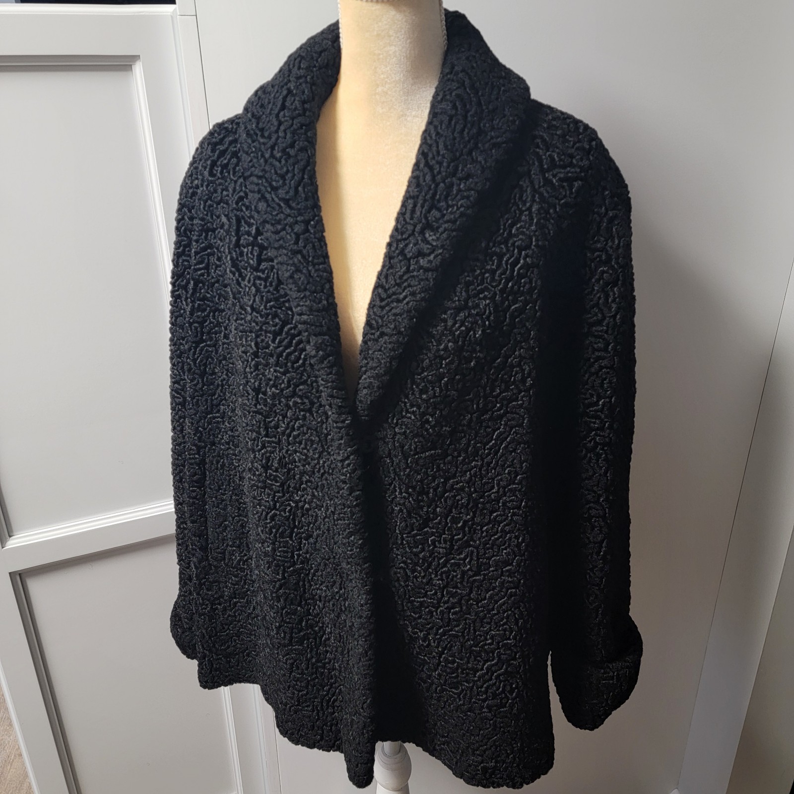 Faux Curly Persian Lamb Vintage Fur Swing Jacket Shawl Collar Union Label L/XL