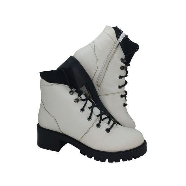 Enjoiya NEW Womens White Leather w/Black Combat Boots w/zipper on side - sz. 7