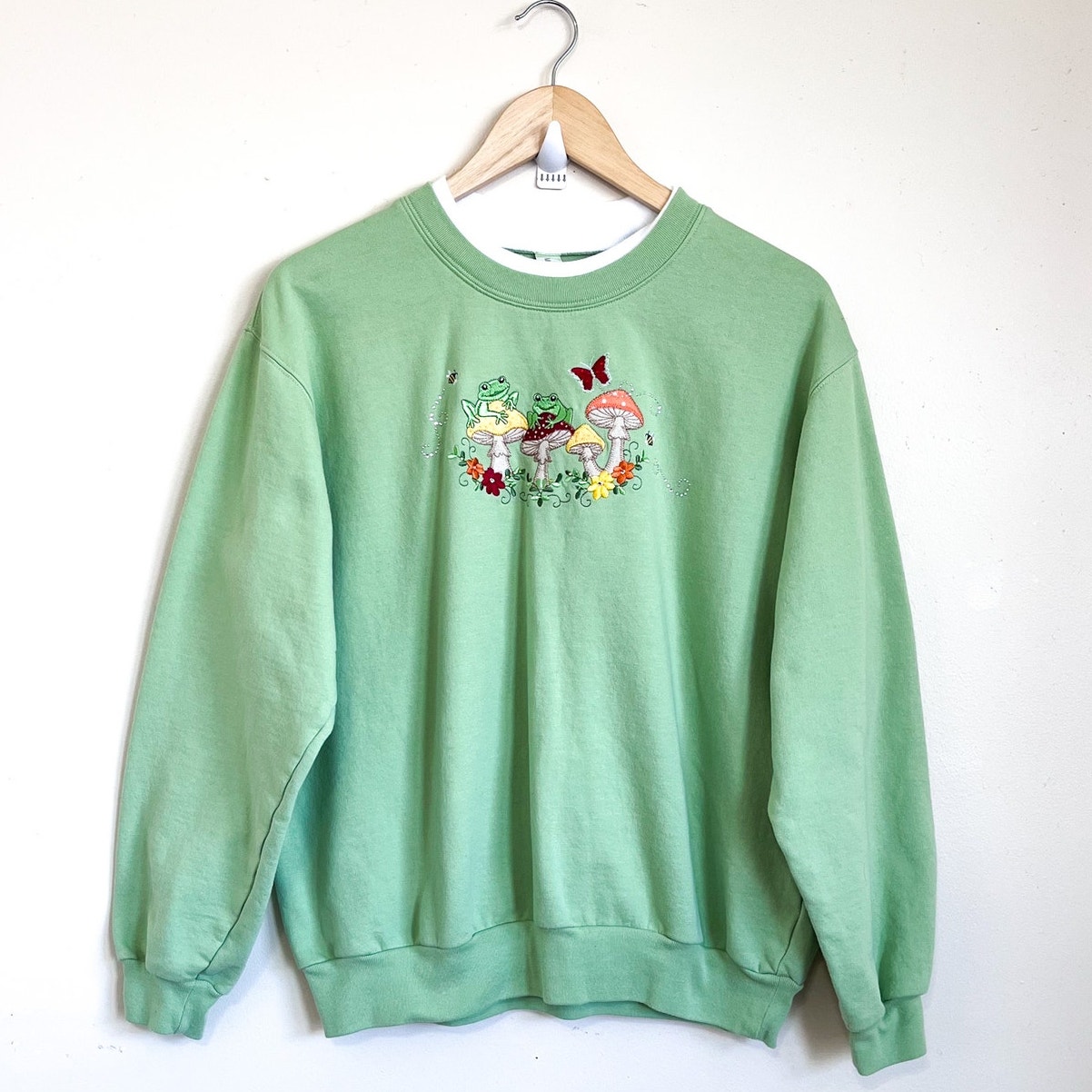 Morning Sun Vintage 90s Women Sweatshirt Large Green Frogs Mushrooms Whimsical
