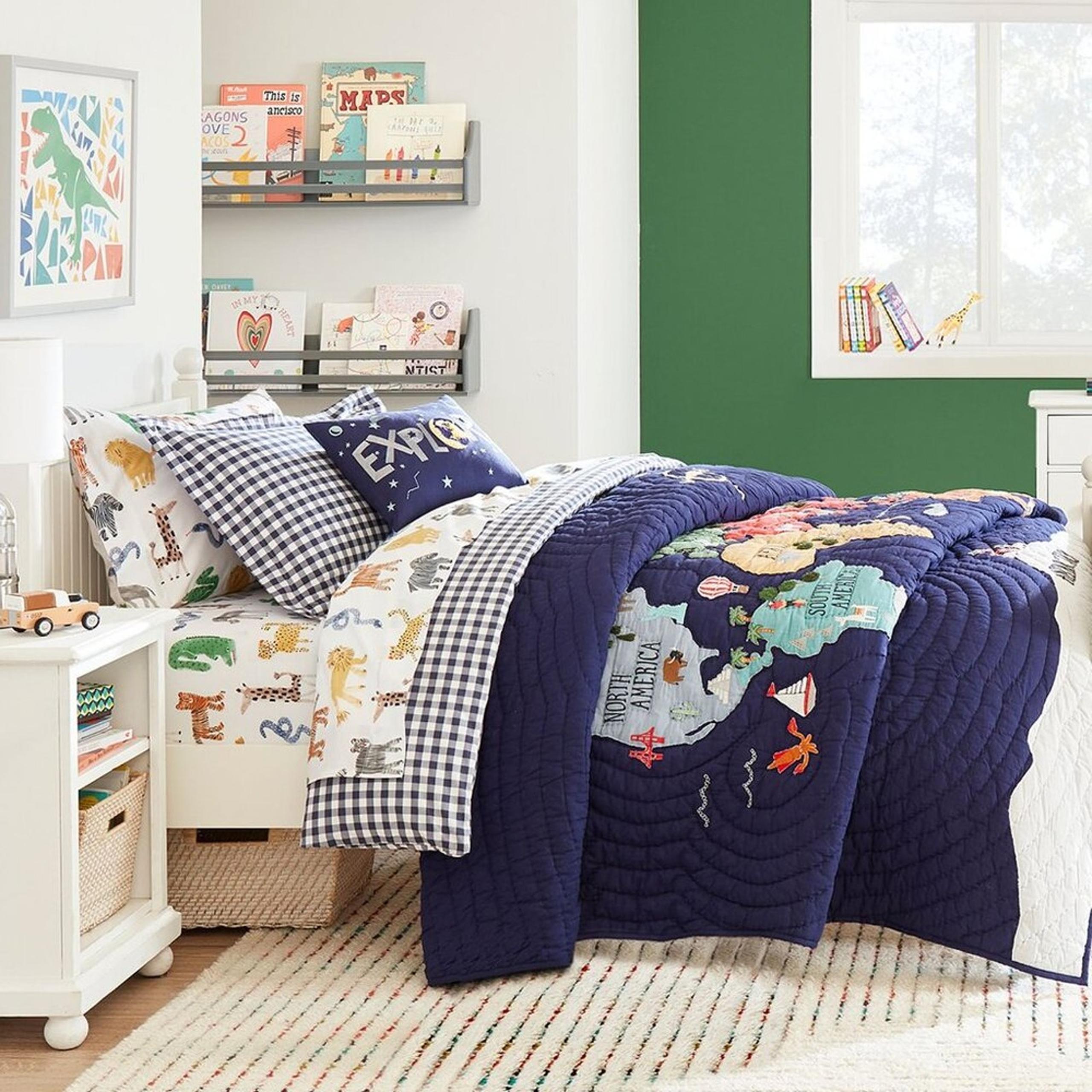 Pottery Barn World Map Quilt Full Queen Bedding Blue Geography Travel NWT