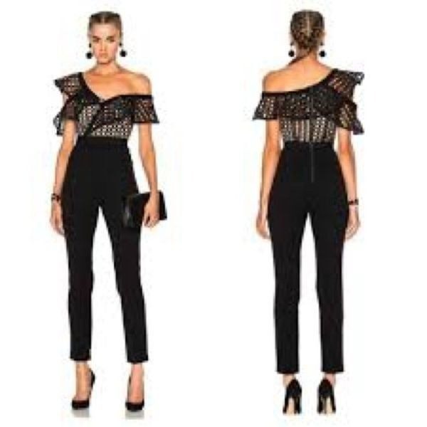 SELF PORTRAIT X REVOLVE black Lace Guipure Frill off the shoulder Jumpsuit sz 6