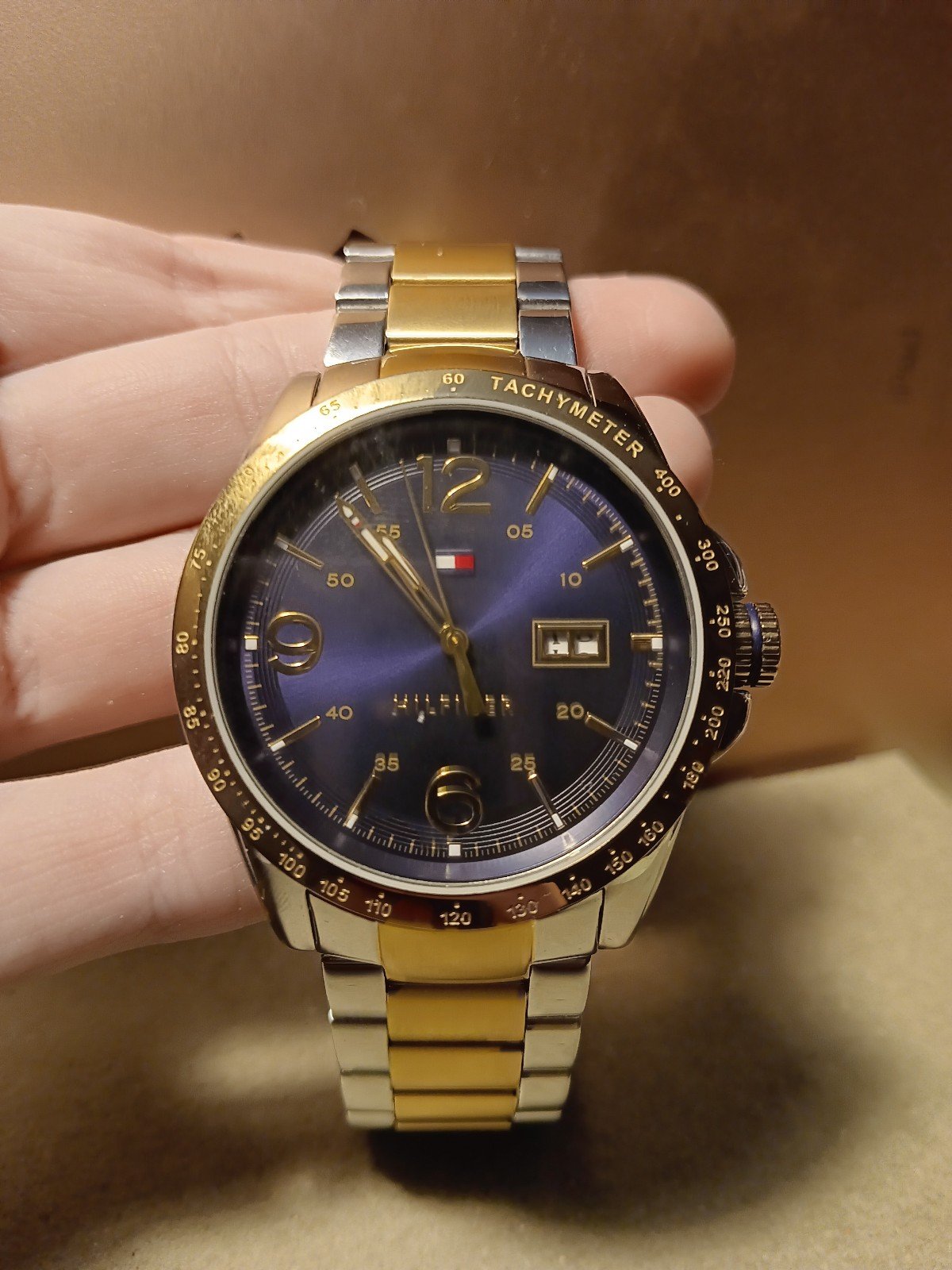 Tommy Hilfiger Man's 46mm Blue Dial Stainless Bracelet Gold Date Watch