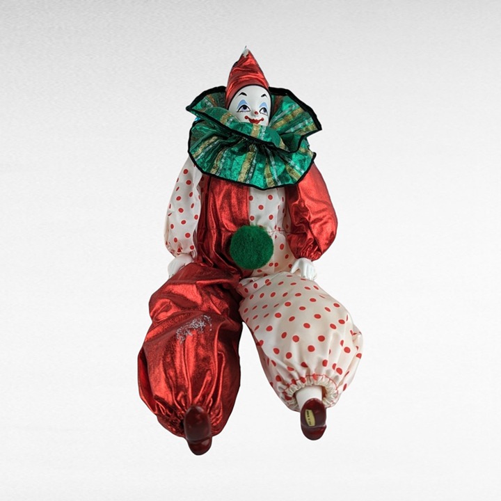 Vintage Smiling 18 Clown Doll in Red and Green