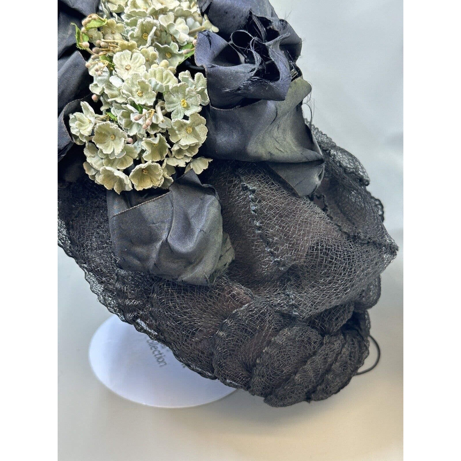 Vintage Victorian Wire Framed Black Net Ribbon & Velvet Flowers Hat