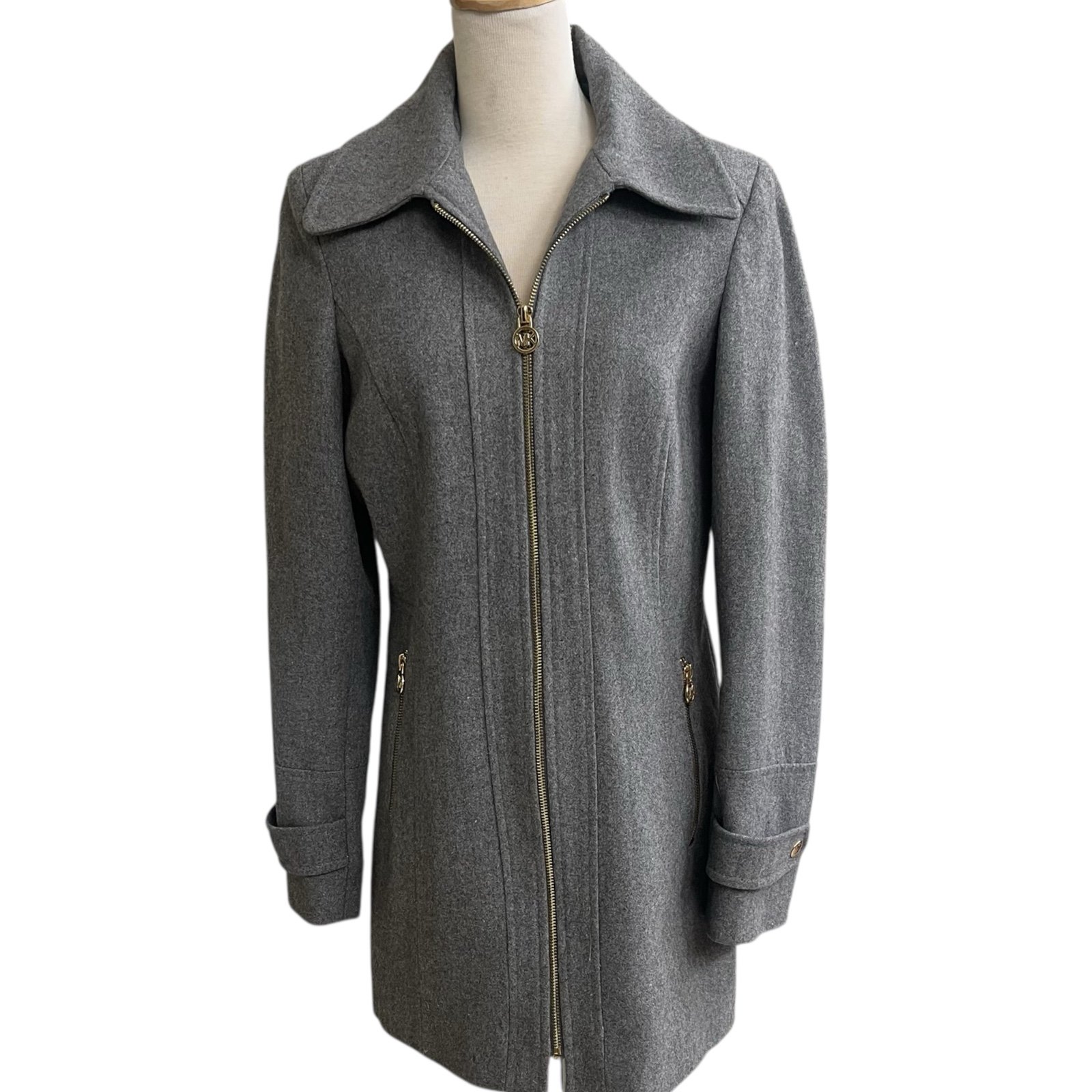 Michael Kors Womens Coat Mid-Length Wool Coat Gray Hooded Full Zip Size 4