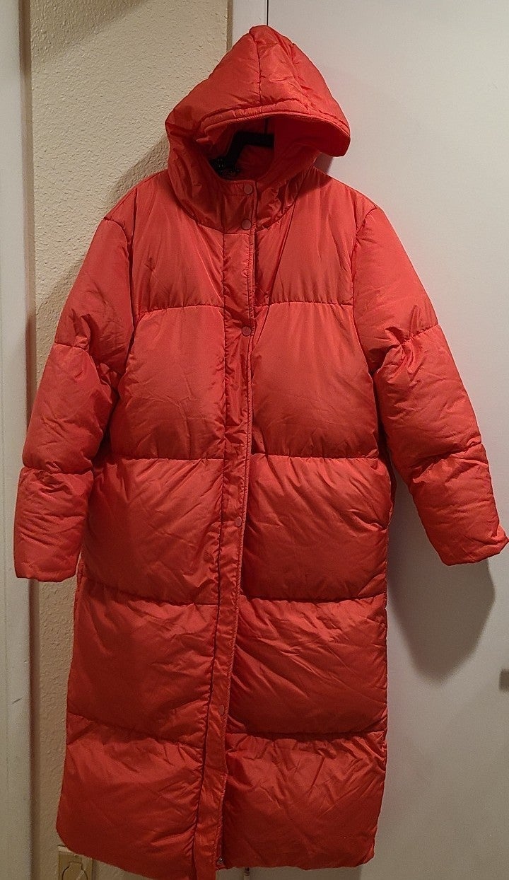 NEW WOMENS THREADBARE LONG HOODED ORANGE PUFFER SNOW JACKET SIZE 12