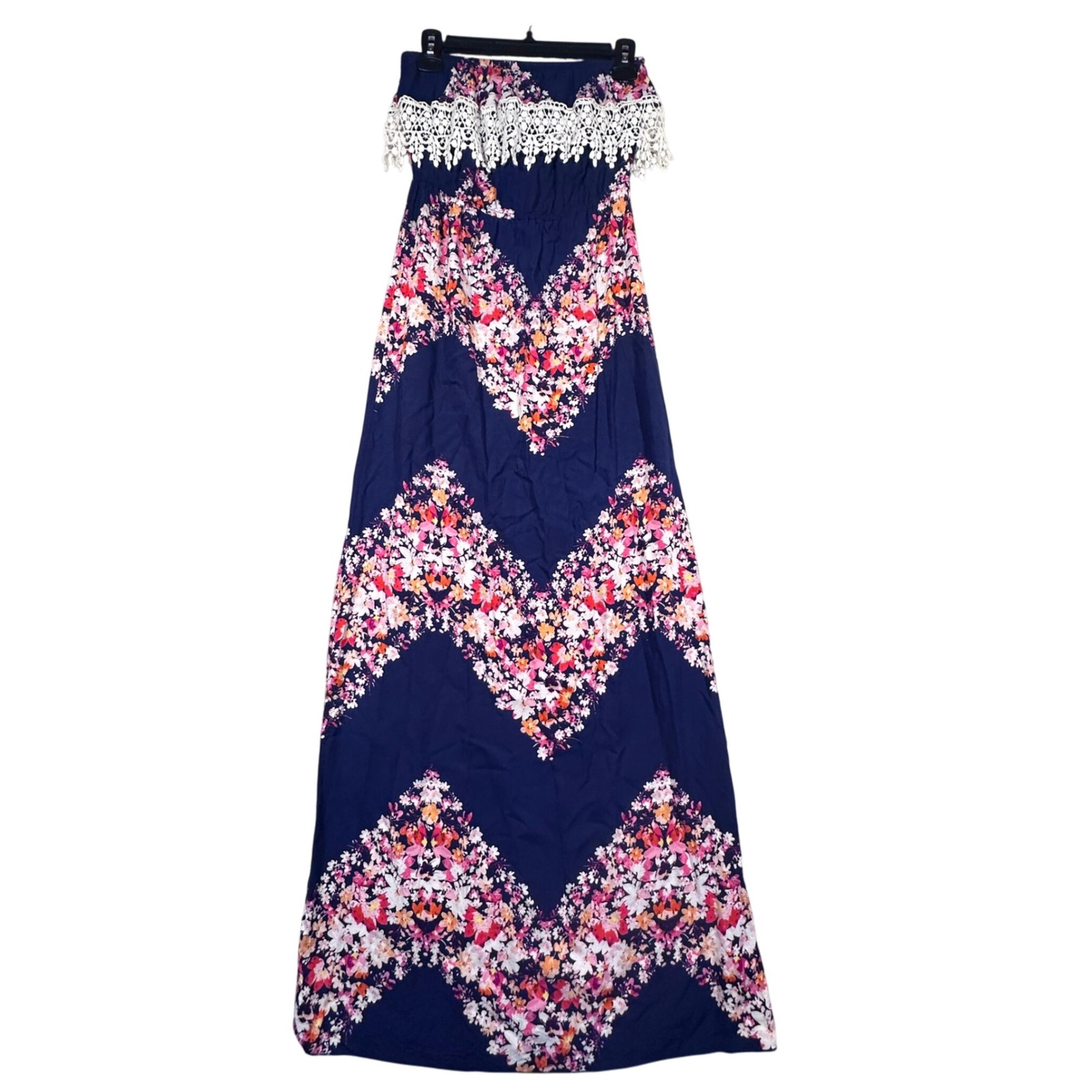 Trixxi Strapless Maxi Dress Women's Small Floral Print Crochet Trim Boho Chic