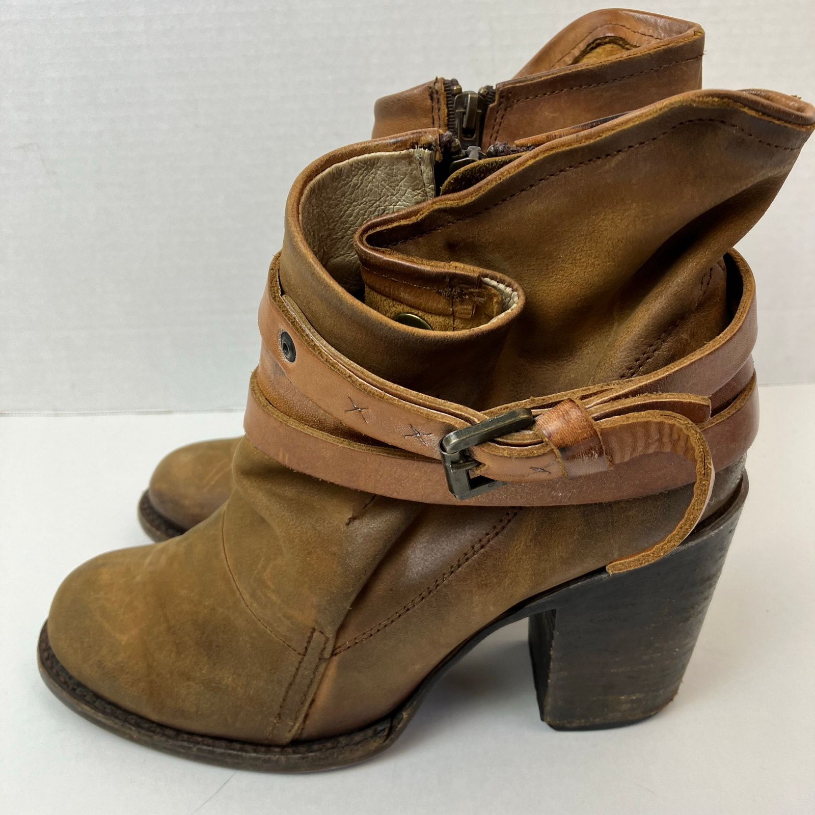 Freebird Blaze Brown Tan Leather Ankle Booties Strappy Distressed Worn 8