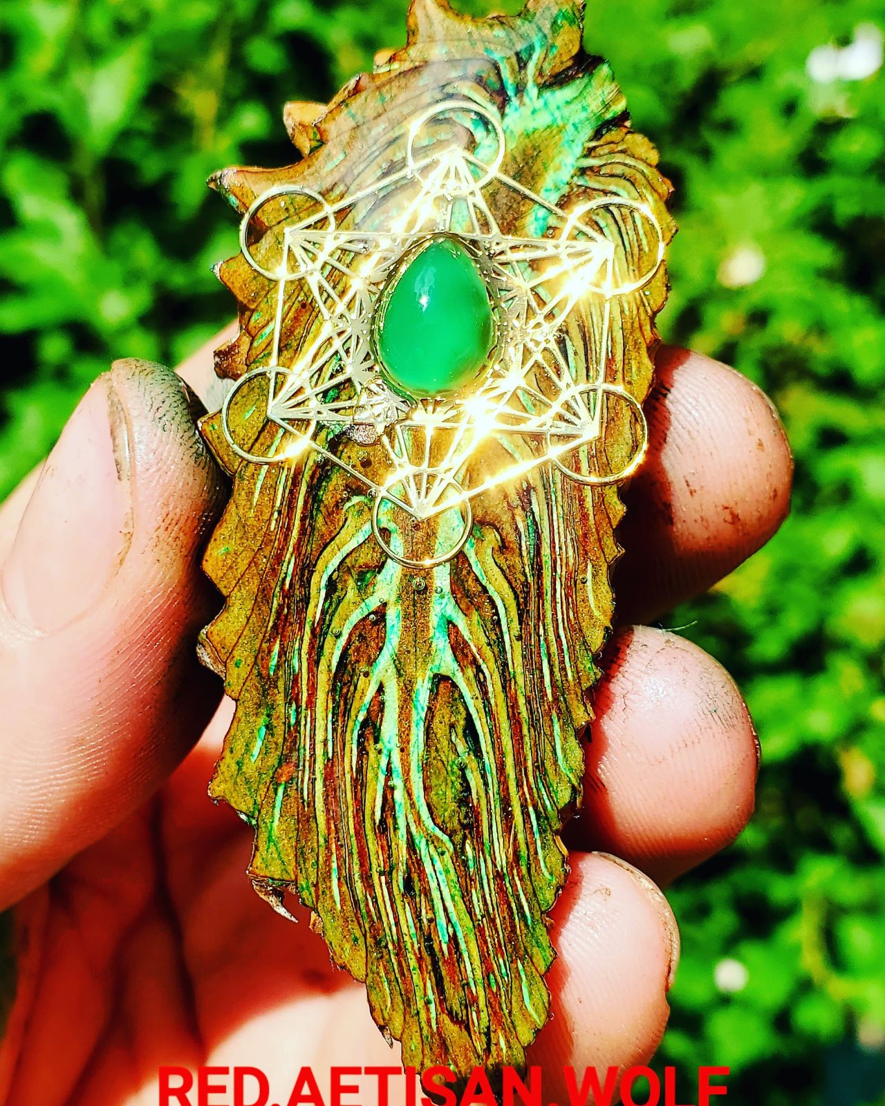 Pinecone pendant green onyx gold sacred