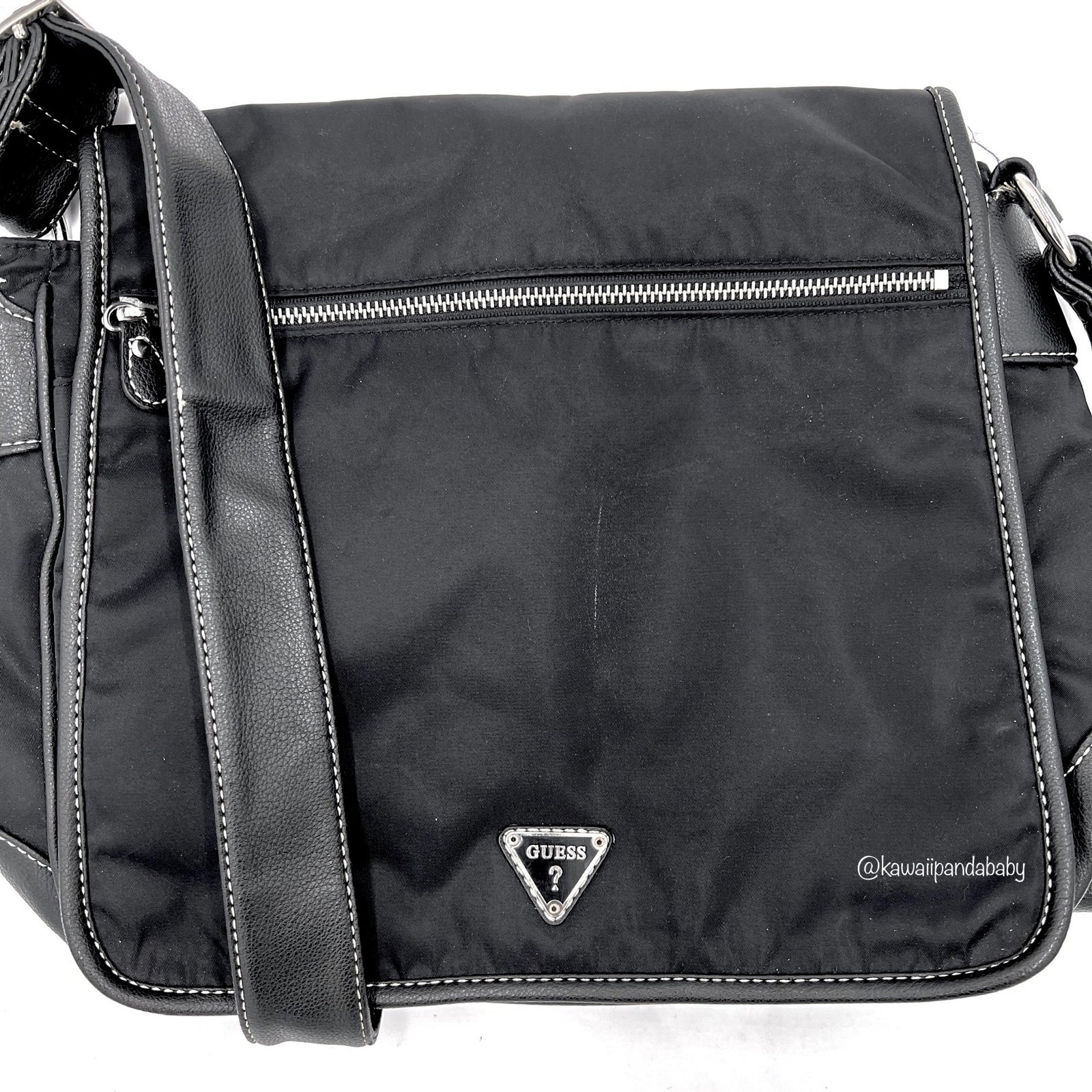 Y2K Vintage GUESS? Black Silver Nylon Faux Leather Messenger Crossbody 00s Bag Y2K Vintage GUESS? Black Silver Nylon Faux Leather Messenger Crossbody 00s Bag