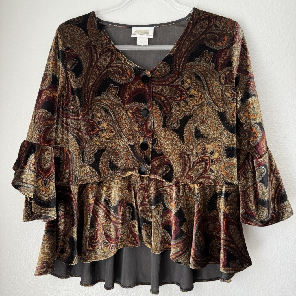 Vintage Zoe Green Paisley Velvet Button Top Silk Bell Sleeves Fairycore Grunge