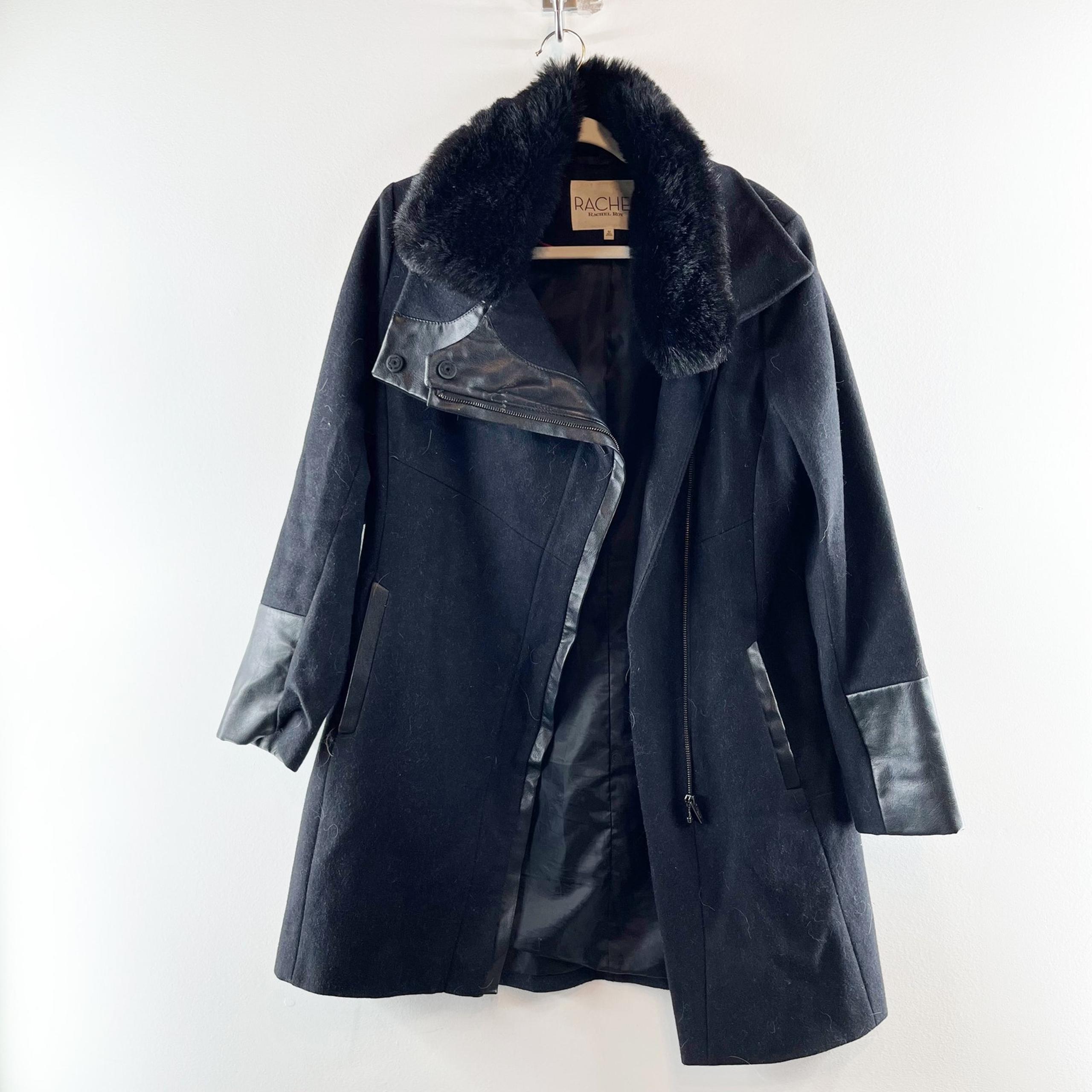 Rachel Roy Faux Fur Trim Collar Asymmetrical Wool Peacoat Jacket Black Medium
