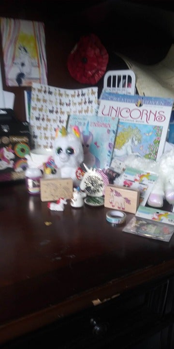 HUGE Unicorn Gift Lot stuffed animals Bath & Body Works coloring book stickers +