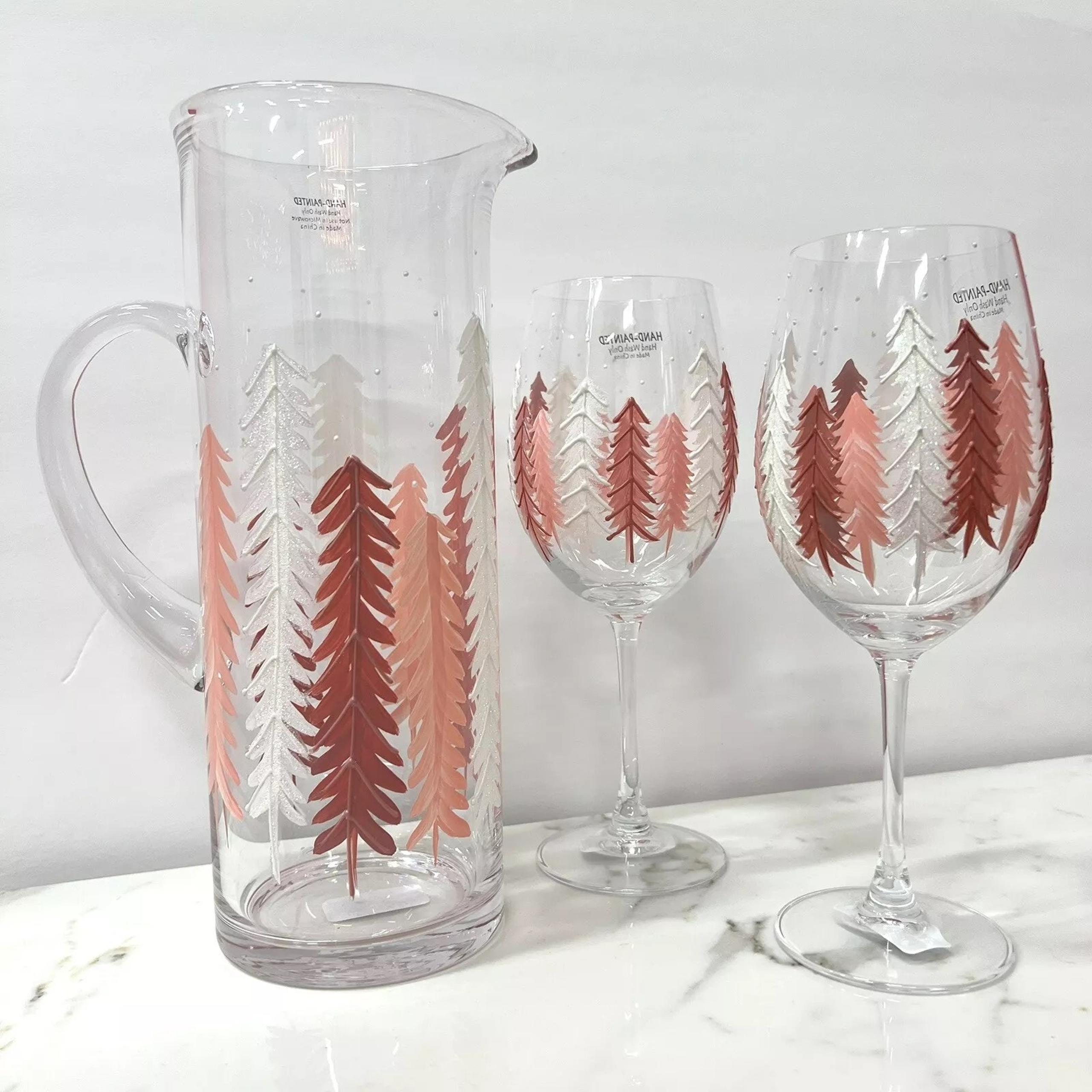 3pc Hand Painted Pink Pine Tree Holiday CRYSTAL WINE GLASSES & PITCHER New VIRAL